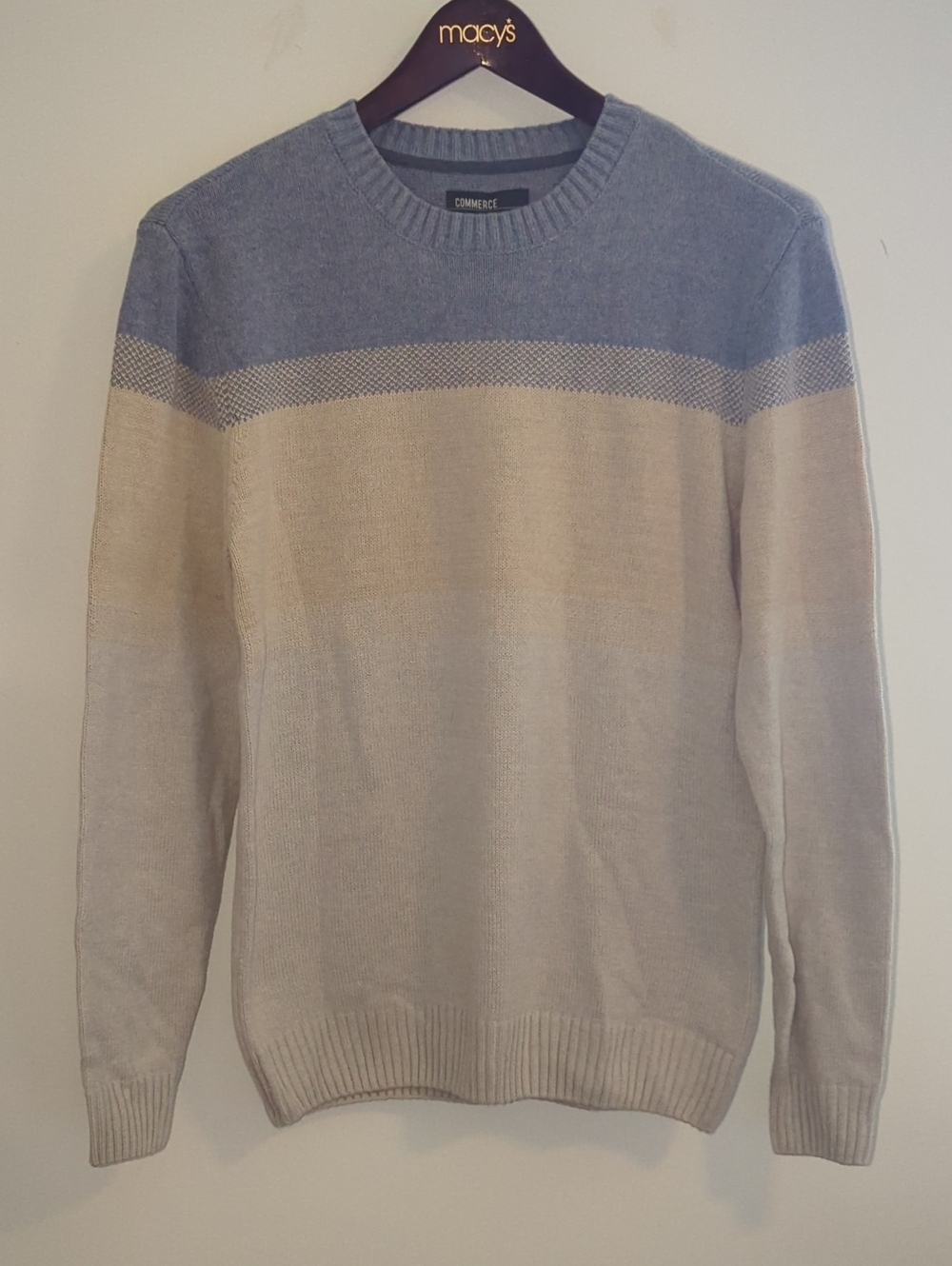 Commerce Men's Blue and Cream Crewneck Sweater Size M